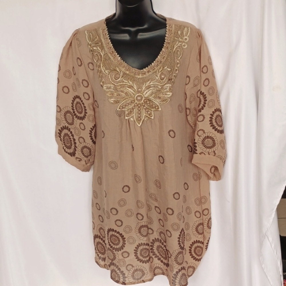 Mad about style 3/4 sleeve dress, Tan, Pearls/Applique, SemiSheer, 21" Ptp, 31"L